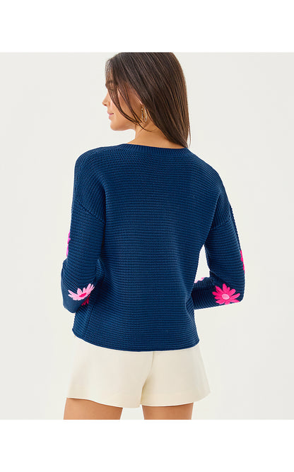 TENSLEY SWEATER, STARLIGHT NAVY GARDEN OASIS EMBROIDERY