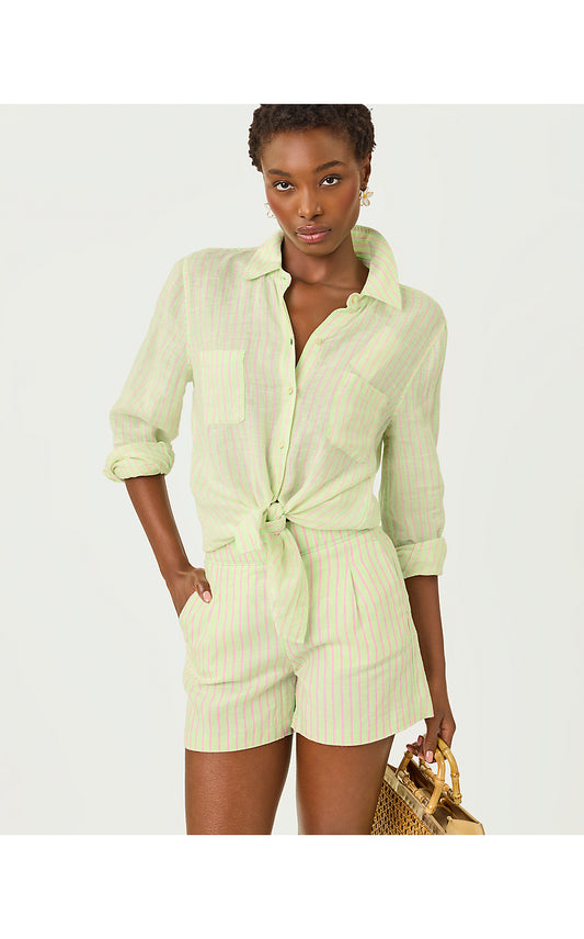 CAPTINA LINEN SHORT, PISTACHIO MACARON X CONCH SHELL PINK SAINT TROPEZ STRIPE