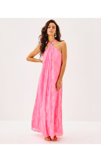 CLAIRABEL MAXI DRESS, ROUSSEAU PINK CORAL SWIRL POLY CREPE