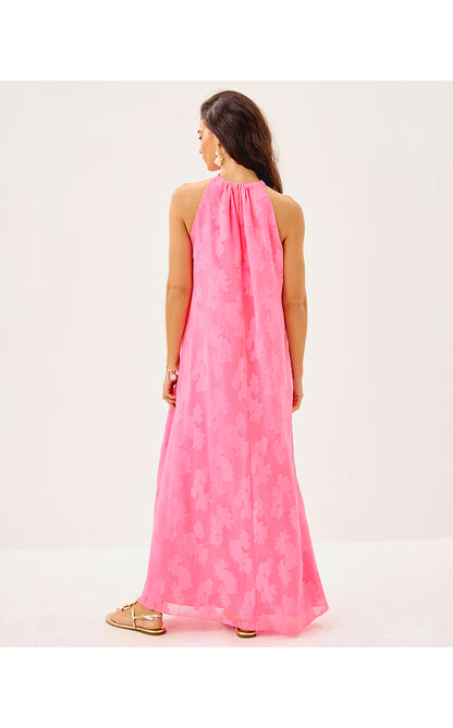 CLAIRABEL MAXI DRESS, ROUSSEAU PINK CORAL SWIRL POLY CREPE