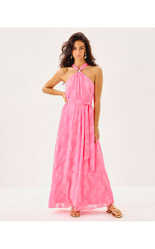 CLAIRABEL MAXI DRESS, ROUSSEAU PINK CORAL SWIRL POLY CREPE