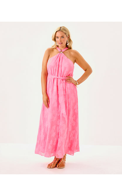 CLAIRABEL MAXI DRESS, ROUSSEAU PINK CORAL SWIRL POLY CREPE