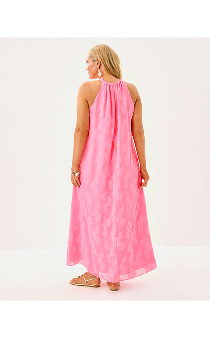 CLAIRABEL MAXI DRESS, ROUSSEAU PINK CORAL SWIRL POLY CREPE
