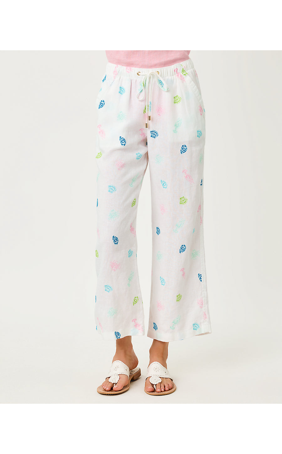 BRAWLEY LINEN CROP PANT, MULTI BEACH TREASURE EMBROIDERY