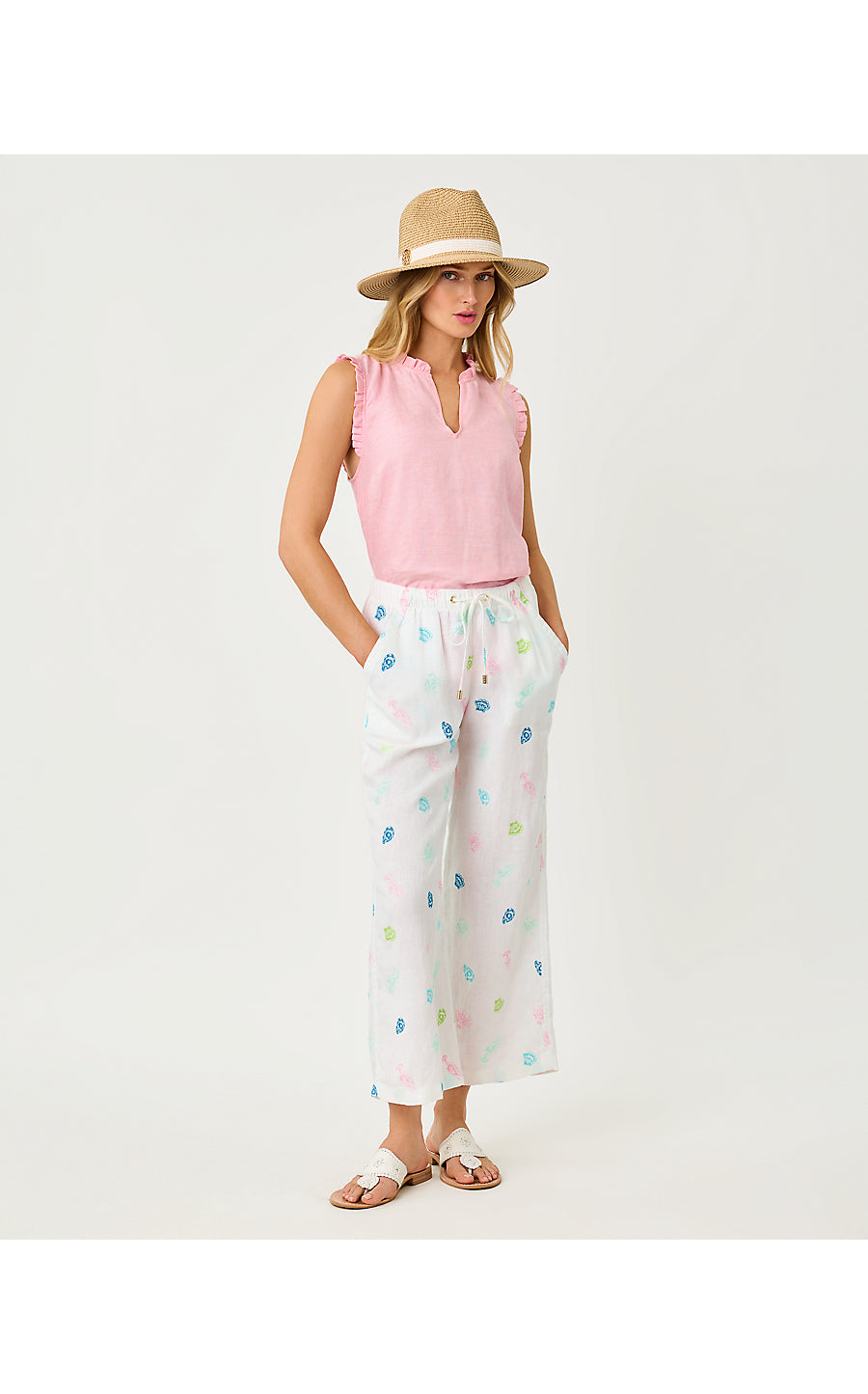 BRAWLEY LINEN CROP PANT, MULTI BEACH TREASURE EMBROIDERY