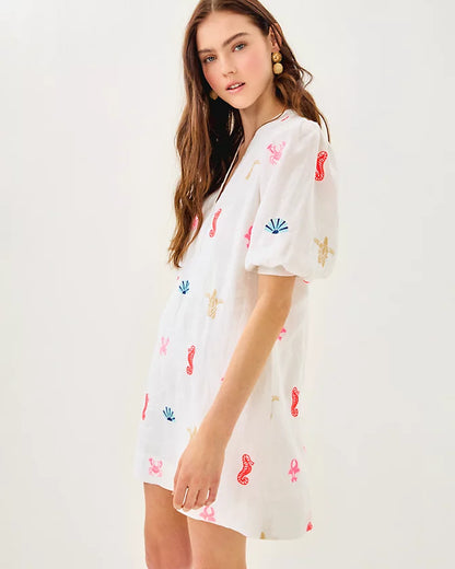 MIALEIGH ELBOW SLEEVE LINEN DRESS, RESORT WHITE SEA TREASURE EMBROIDERY