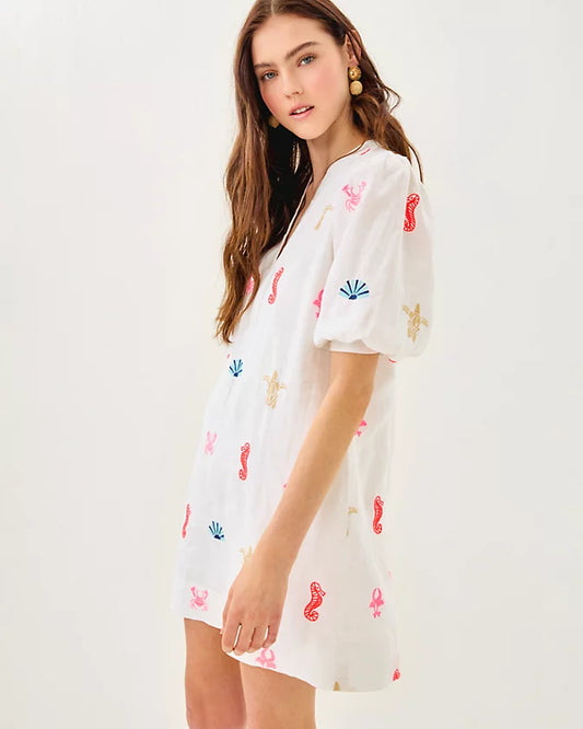 MIALEIGH ELBOW SLEEVE LINEN DRESS, RESORT WHITE SEA TREASURE EMBROIDERY