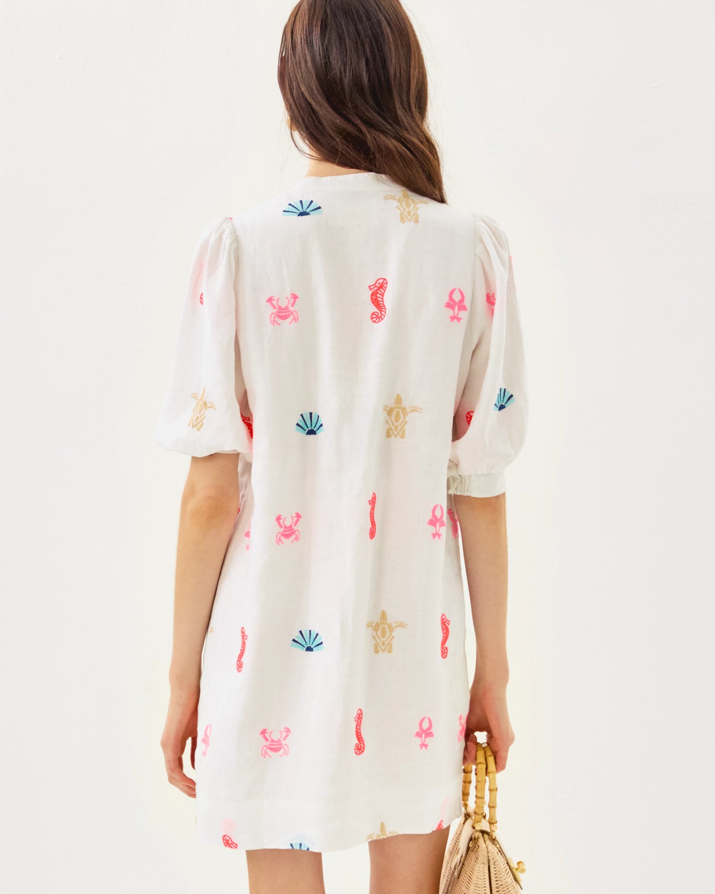 MIALEIGH ELBOW SLEEVE LINEN DRESS, RESORT WHITE SEA TREASURE EMBROIDERY