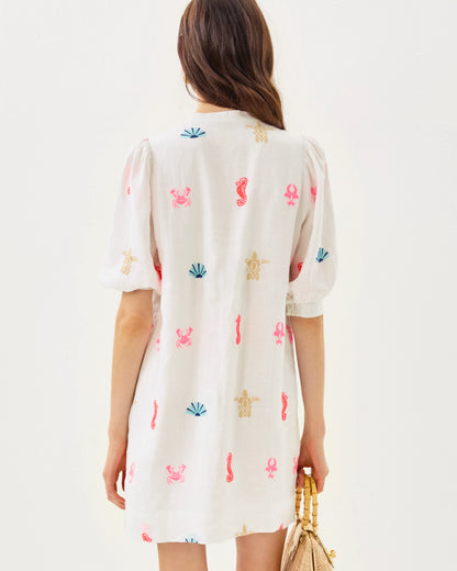 MIALEIGH ELBOW SLEEVE LINEN DRESS, RESORT WHITE SEA TREASURE EMBROIDERY