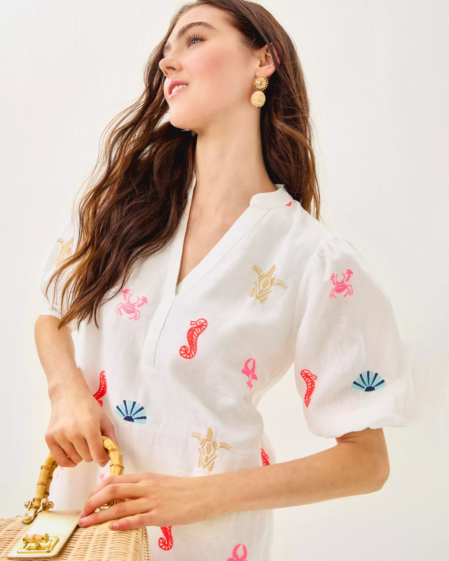 MIALEIGH ELBOW SLEEVE LINEN DRESS, RESORT WHITE SEA TREASURE EMBROIDERY