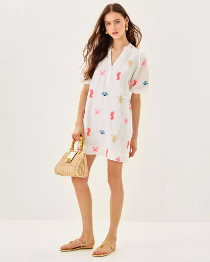 MIALEIGH ELBOW SLEEVE LINEN DRESS, RESORT WHITE SEA TREASURE EMBROIDERY