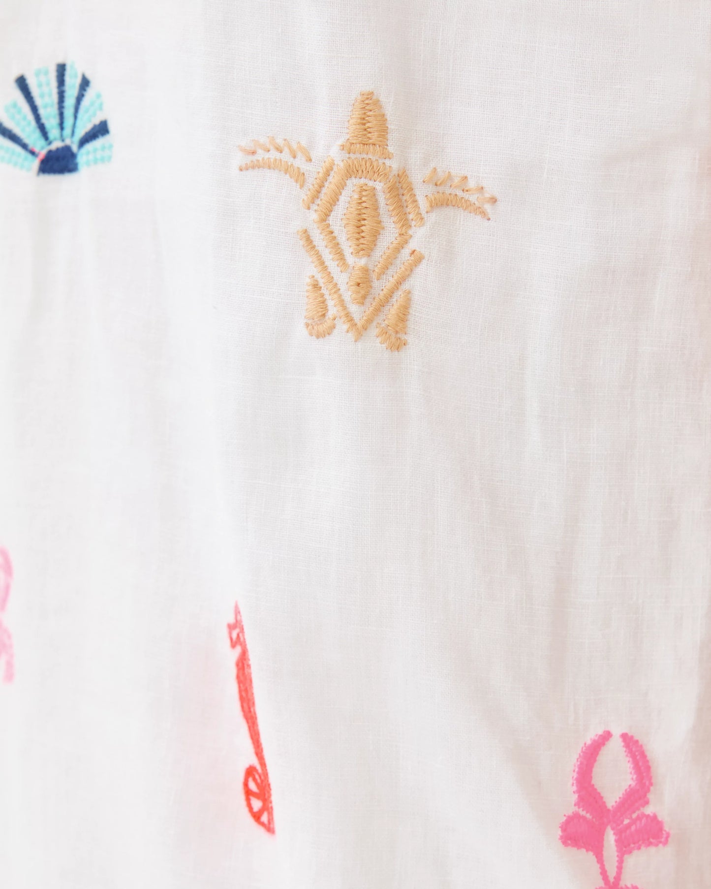MIALEIGH ELBOW SLEEVE LINEN DRESS, RESORT WHITE SEA TREASURE EMBROIDERY