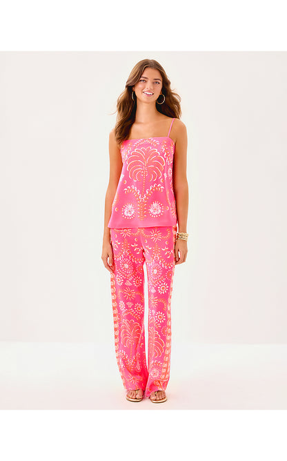 JESSLYN TOP, SUNKISSED PINK BREEZY PALM ENGINEERED WOVEN TOP