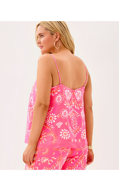 JESSLYN TOP, SUNKISSED PINK BREEZY PALM ENGINEERED WOVEN TOP