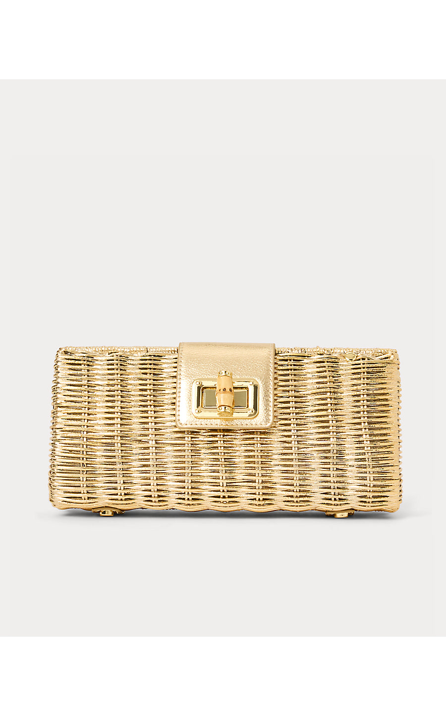 LEENA WICKER CLUTCH, GOLD METALLIC