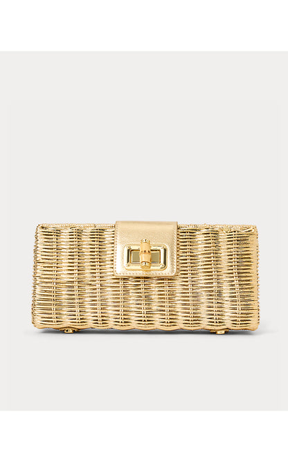LEENA WICKER CLUTCH, GOLD METALLIC