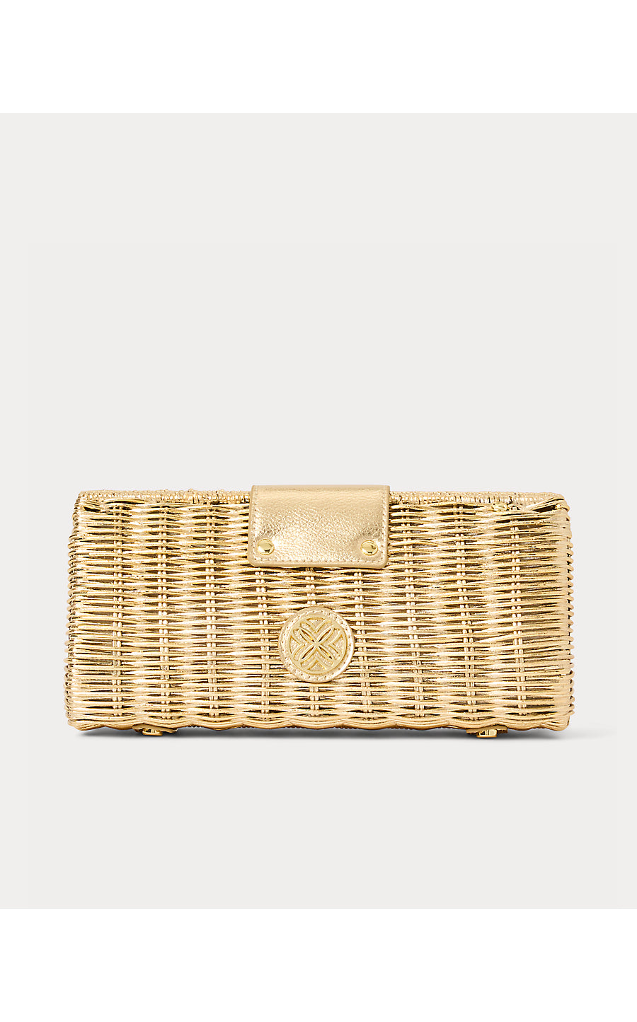 LEENA WICKER CLUTCH, GOLD METALLIC
