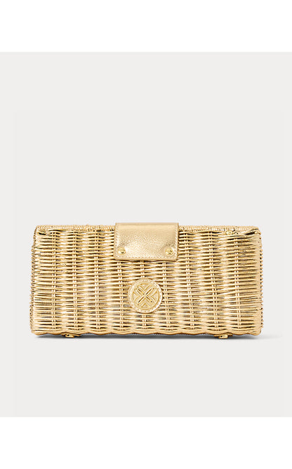 LEENA WICKER CLUTCH, GOLD METALLIC