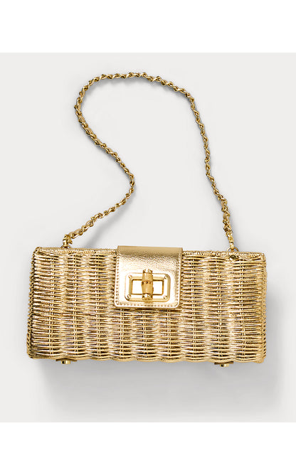 LEENA WICKER CLUTCH, GOLD METALLIC