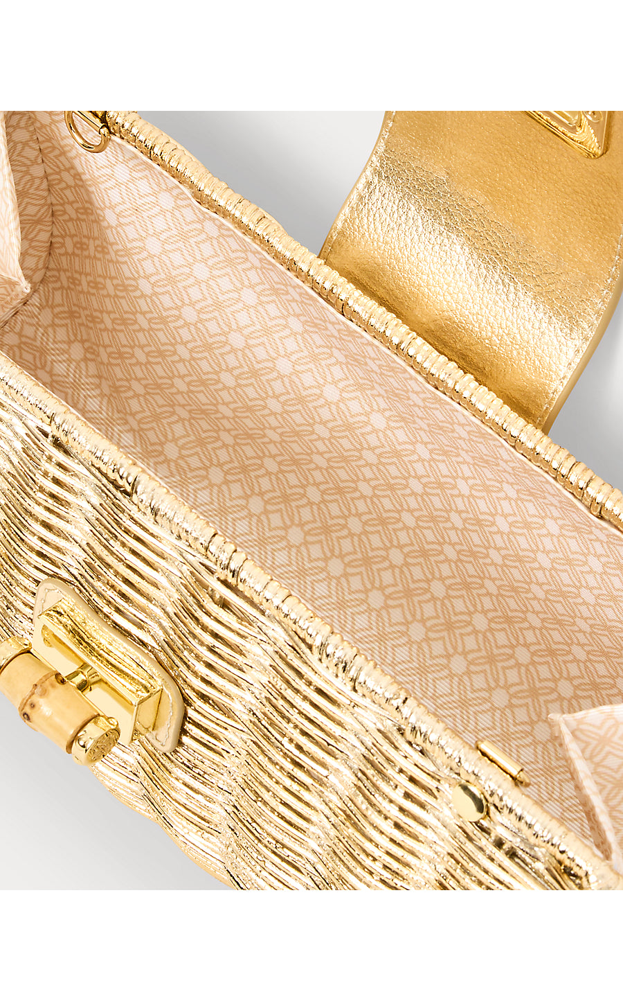 LEENA WICKER CLUTCH, GOLD METALLIC