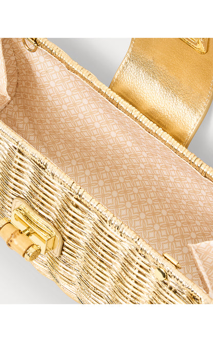 LEENA WICKER CLUTCH, GOLD METALLIC
