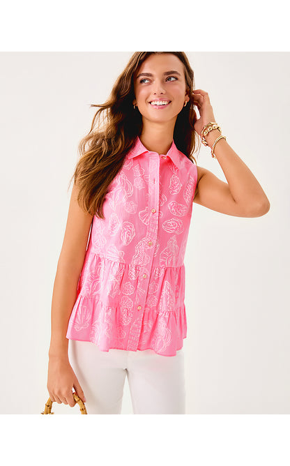 BREAH SLEEVELESS BUTTON DOWN, ROUSSEAU PINK COOL AS SHELL OVERPRINT