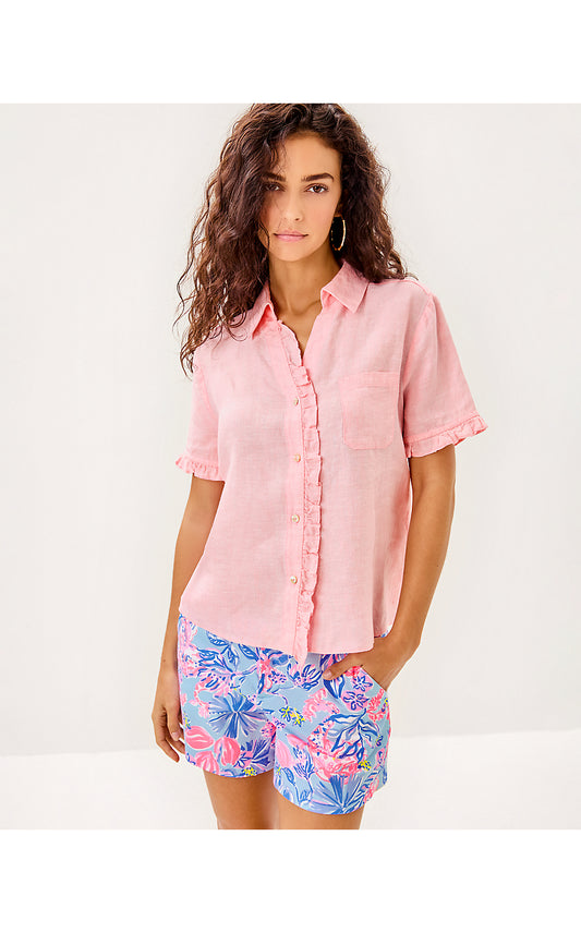 CARDEN RUFFLE TOP, SORBET PINK X RESORT WHITE