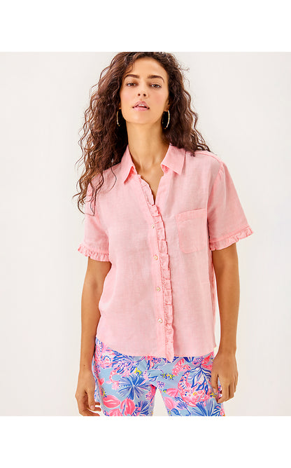 CARDEN RUFFLE TOP, SORBET PINK X RESORT WHITE