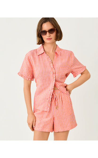 CARDEN RUFFLE TOP, SUNSET ORANGE X CONCH SHELL PINK SAINT TROPEZ STRIPE