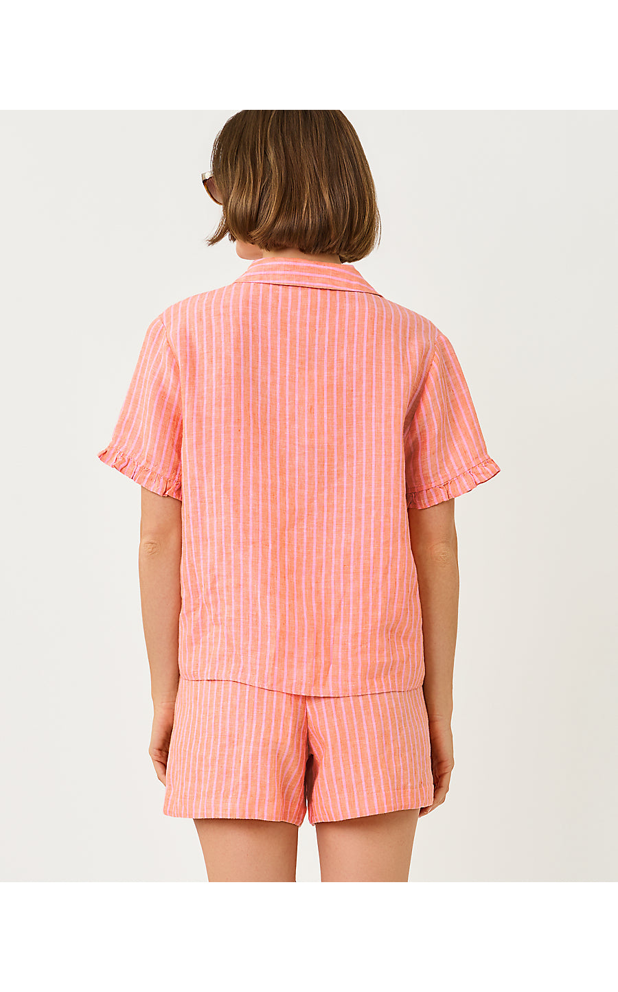 CARDEN RUFFLE TOP, SUNSET ORANGE X CONCH SHELL PINK SAINT TROPEZ STRIPE