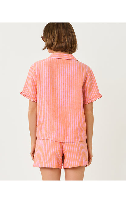 CARDEN RUFFLE TOP, SUNSET ORANGE X CONCH SHELL PINK SAINT TROPEZ STRIPE