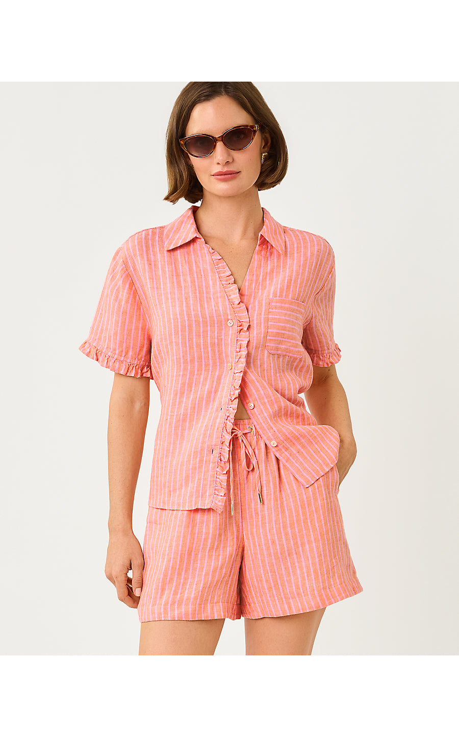 CARDEN RUFFLE TOP, SUNSET ORANGE X CONCH SHELL PINK SAINT TROPEZ STRIPE