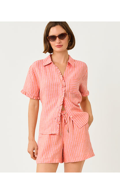 CARDEN RUFFLE TOP, SUNSET ORANGE X CONCH SHELL PINK SAINT TROPEZ STRIPE