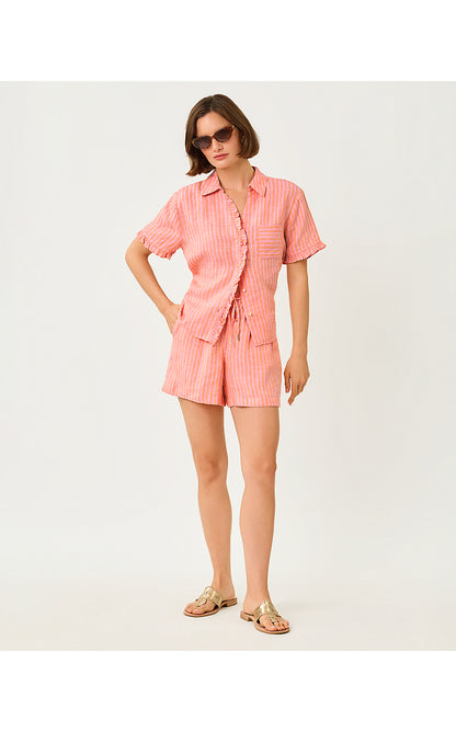 CARDEN RUFFLE TOP, SUNSET ORANGE X CONCH SHELL PINK SAINT TROPEZ STRIPE