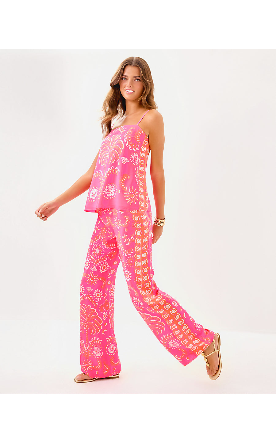 VIANNA SILK PALAZZO PANT, SUNKISSED PINK BREEZY PALM ENGINEERED PANT