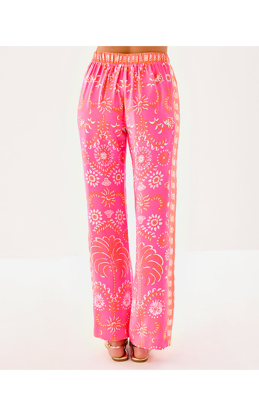 VIANNA SILK PALAZZO PANT, SUNKISSED PINK BREEZY PALM ENGINEERED PANT