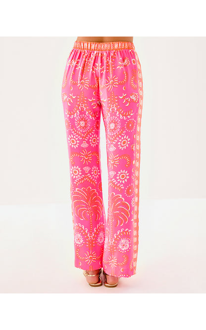 VIANNA SILK PALAZZO PANT, SUNKISSED PINK BREEZY PALM ENGINEERED PANT
