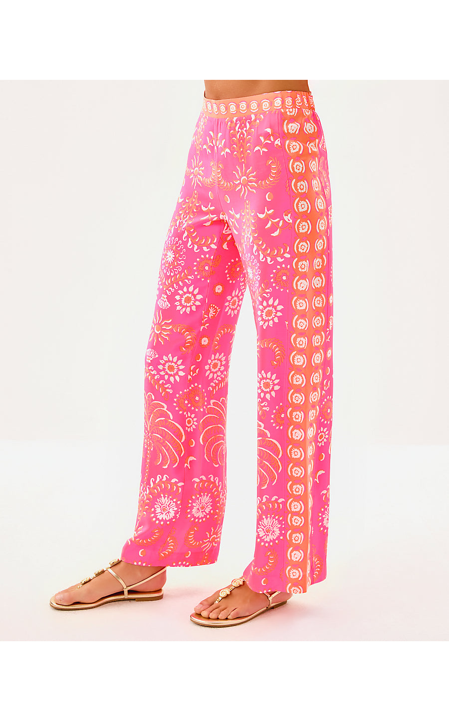 VIANNA SILK PALAZZO PANT, SUNKISSED PINK BREEZY PALM ENGINEERED PANT