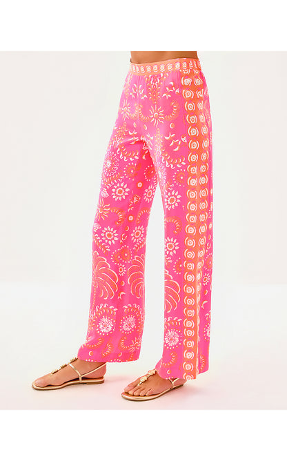 VIANNA SILK PALAZZO PANT, SUNKISSED PINK BREEZY PALM ENGINEERED PANT