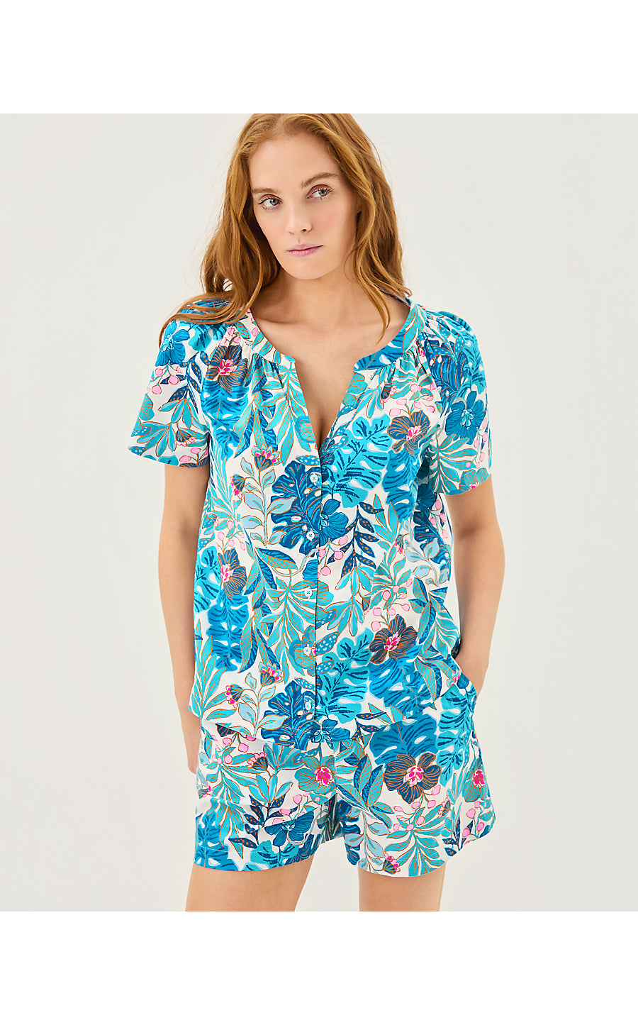 ABRIANNA PJ WOVEN BOXER, BREEZY AQUA BEST FRONDS FOREVER
