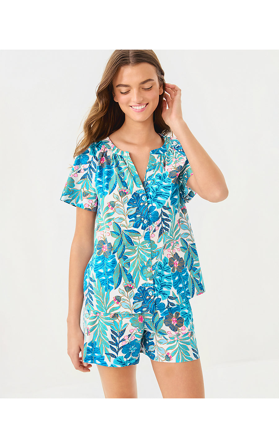DARCEY PJ WOVEN TOP, BREEZY AQUA BEST FRONDS FOREVER