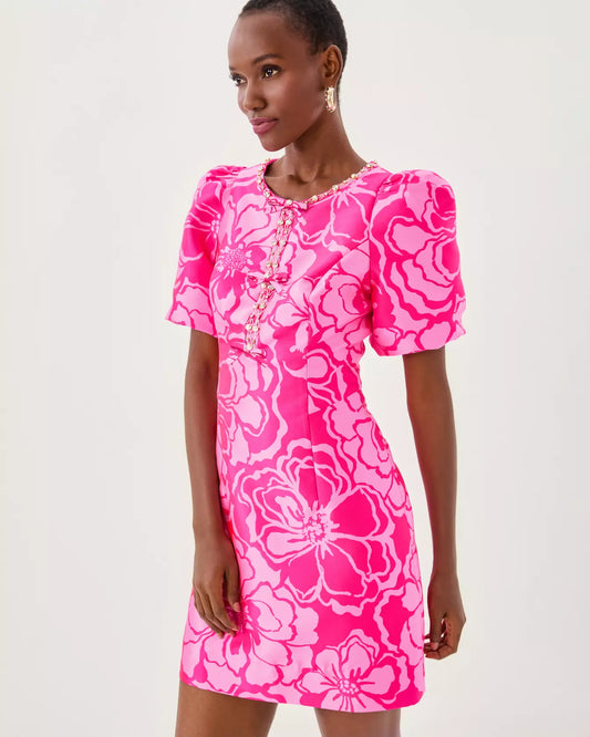 BRITNEE JACQUARD SHIFT DRESS, PARIGI PINK GO BIG SATIN JACQUARD