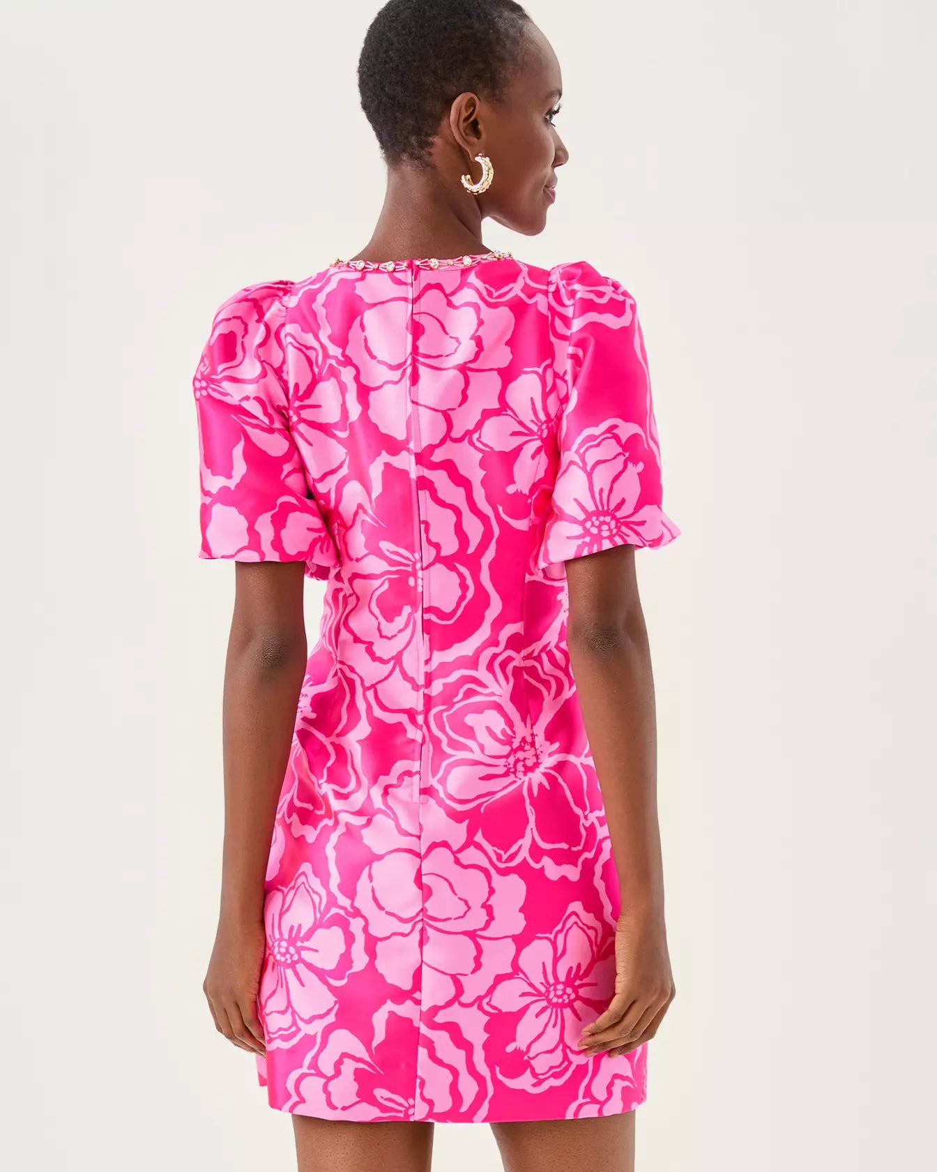 BRITNEE JACQUARD SHIFT DRESS, PARIGI PINK GO BIG SATIN JACQUARD