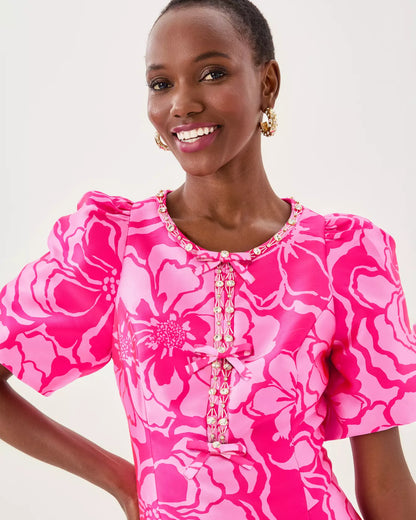 BRITNEE JACQUARD SHIFT DRESS, PARIGI PINK GO BIG SATIN JACQUARD