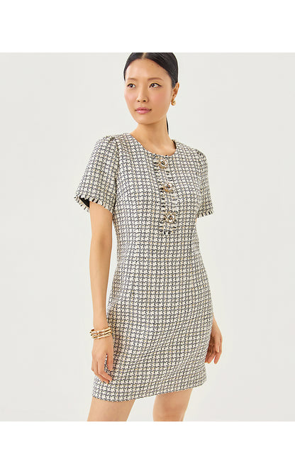 BRENDA BOUCLE DRESS, COCONUT LUREX HOUNDSTOOTH BOUCLE