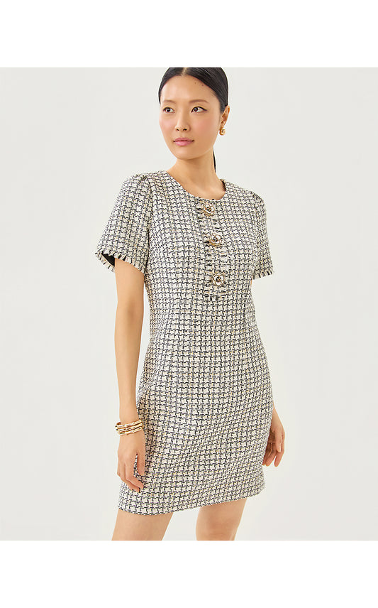 BRENDA BOUCLE DRESS, COCONUT LUREX HOUNDSTOOTH BOUCLE