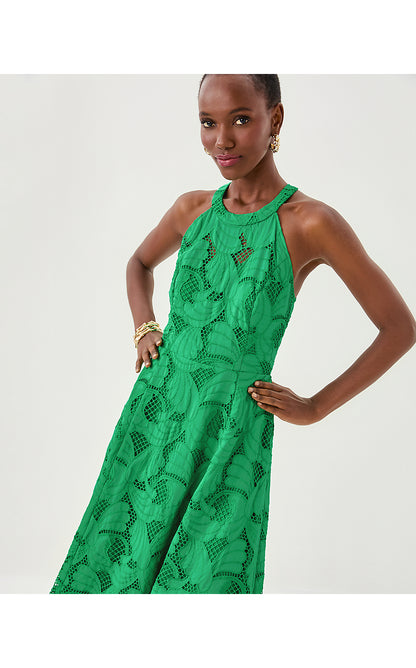 DENISE LACE MIDI DRESS, KITTS GREEN SWAY WITH ME SCALLOPED LACE