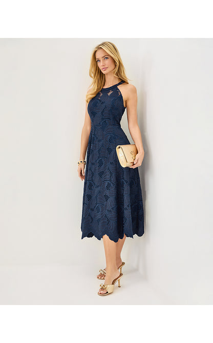 DENISE LACE MIDI DRESS, LOW TIDE NAVY SWAY WITH ME SCALLOPED LACE