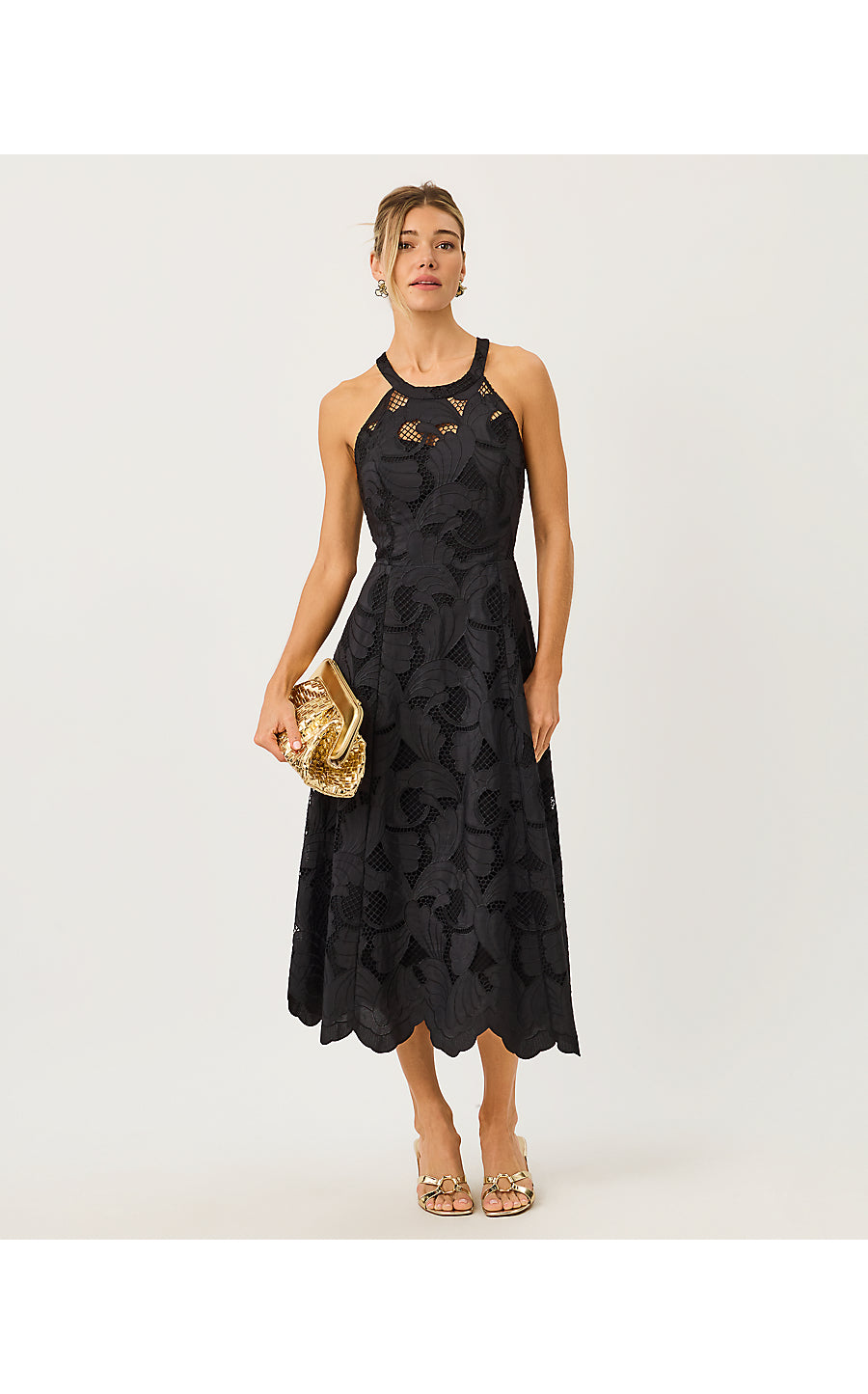 DENISE LACE MIDI DRESS, NOIR SWAY WITH ME SCALLOPED LACE
