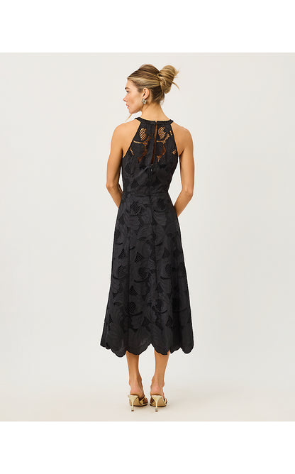DENISE LACE MIDI DRESS, NOIR SWAY WITH ME SCALLOPED LACE